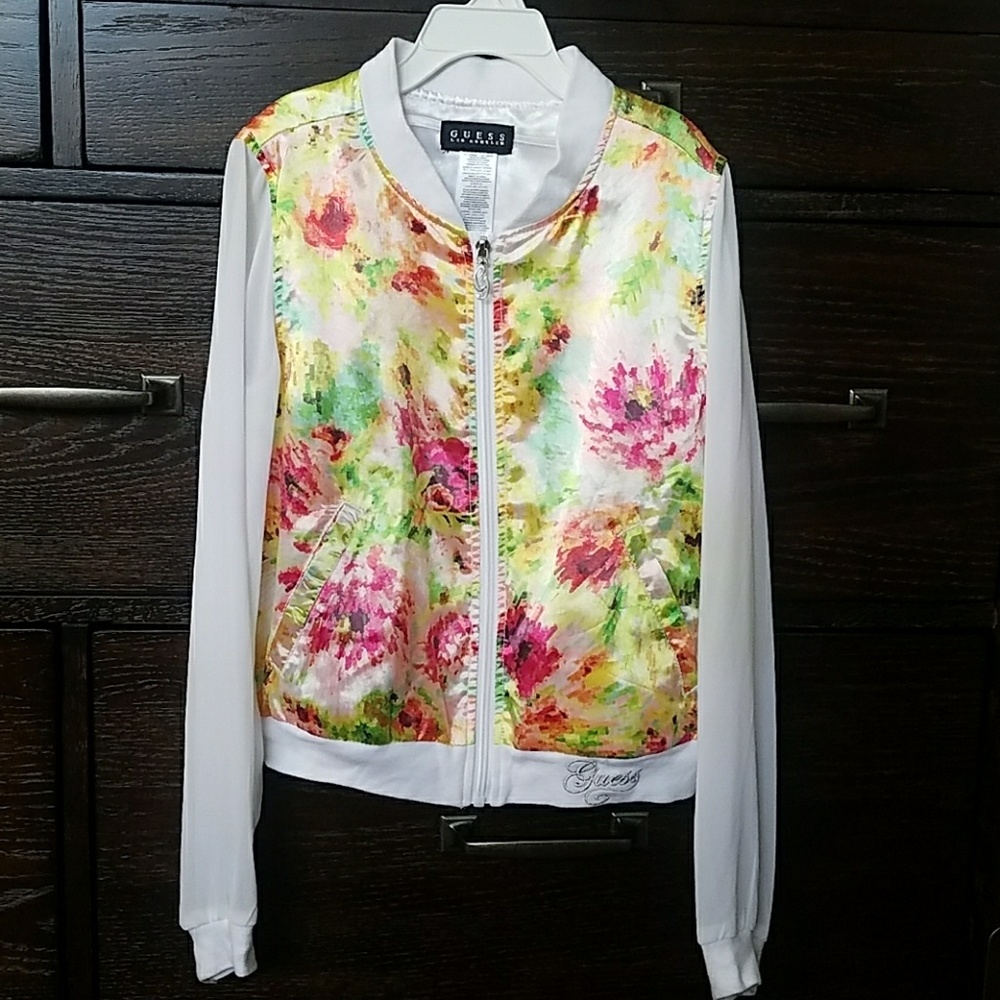Guess Girls Floral Bomber Jacket With Sheer Sleeve